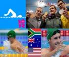 Подиум, плавание, 100 м брассом, Кэмерон ван дер Бург (Южная Африка), Кристиан Шпренгер (Австралия) и Брендан Хансен (Соединенные Штаты) - Лондон-2012 - стиль